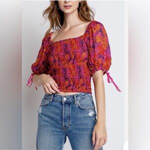 Free People Back On Cropped Top Smocked Floral Print Balloon Sleeve NWT‎ 273095